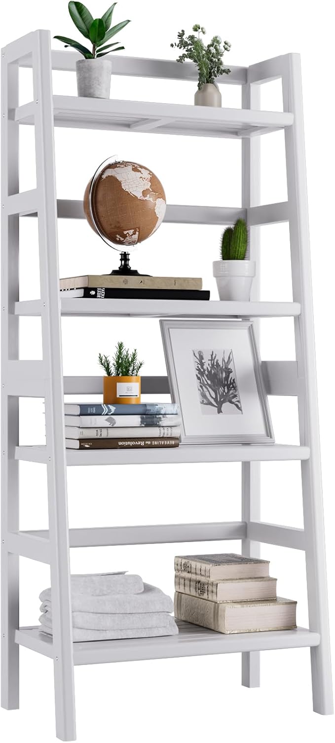 Ladder Shelf, 4-Tier Bookshelf, Bamboo Leaning Bookcase, Display Storage Rack Organizer, Freestanding Flower Plant Stand for Living Room, Home Office, Kitchen, Natural