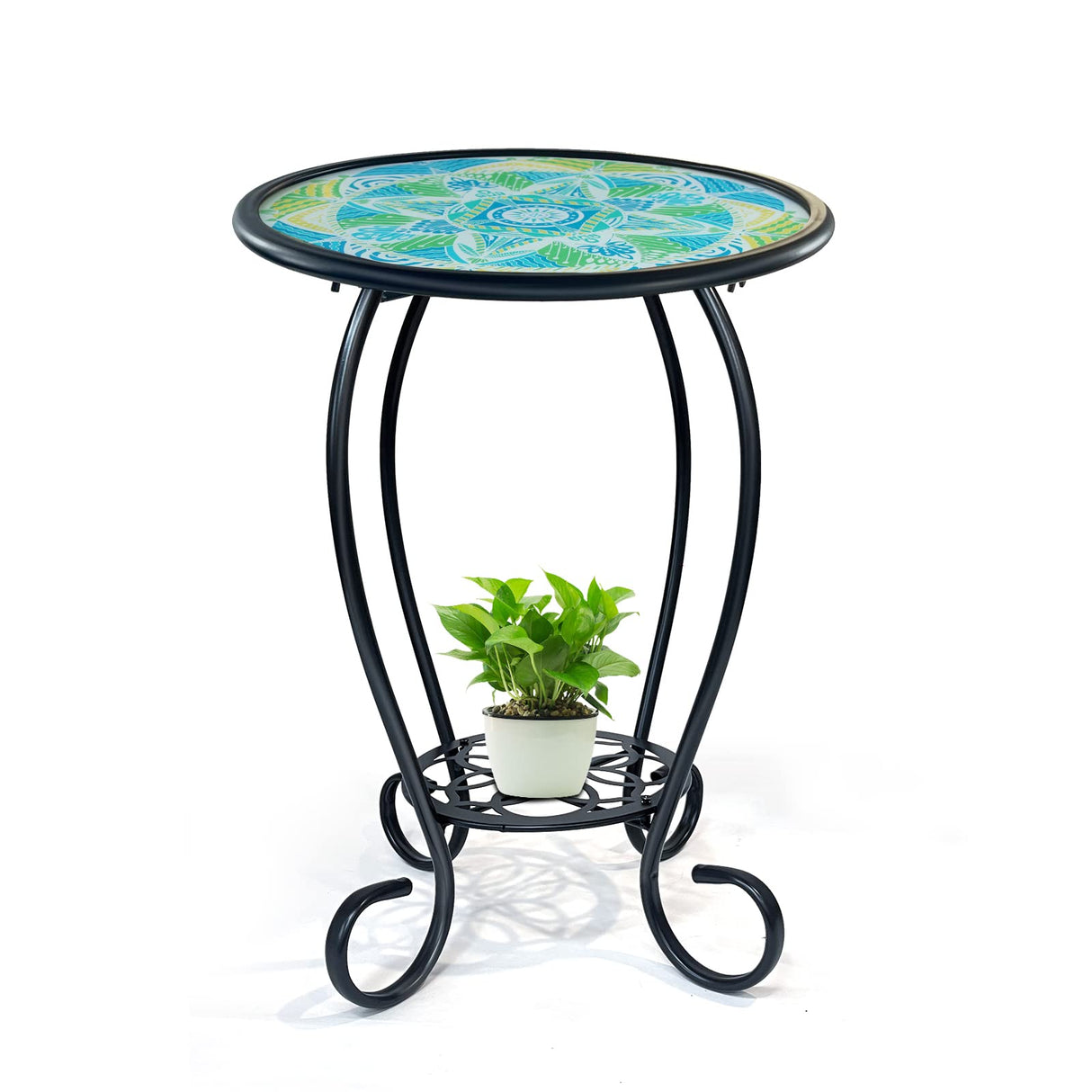 Mosaic Outdoor Side Table, 14" Round Patio Side Table, Mosaic Plant Stand, End Table