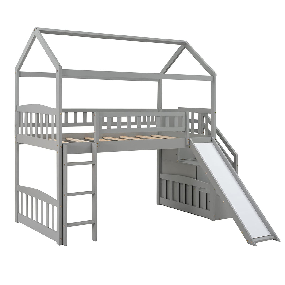 Loft Bed with Slide, House Loft Beds Twin Size with Step Storage Drawers Stairway