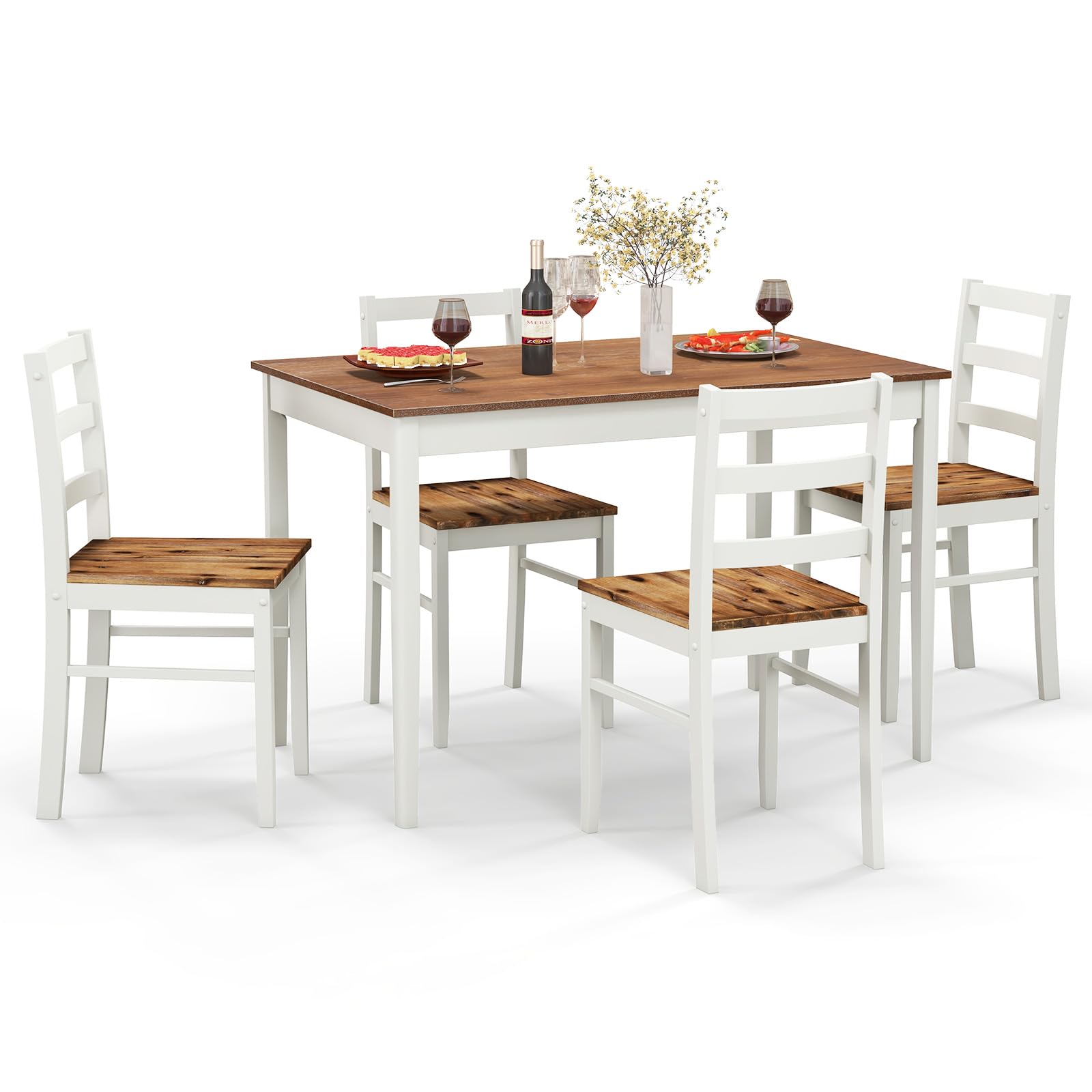 Set for 4, Solid Wood, Farmhouse Dinette Set w/Rubber Wood Legs, Mid-Century Modern