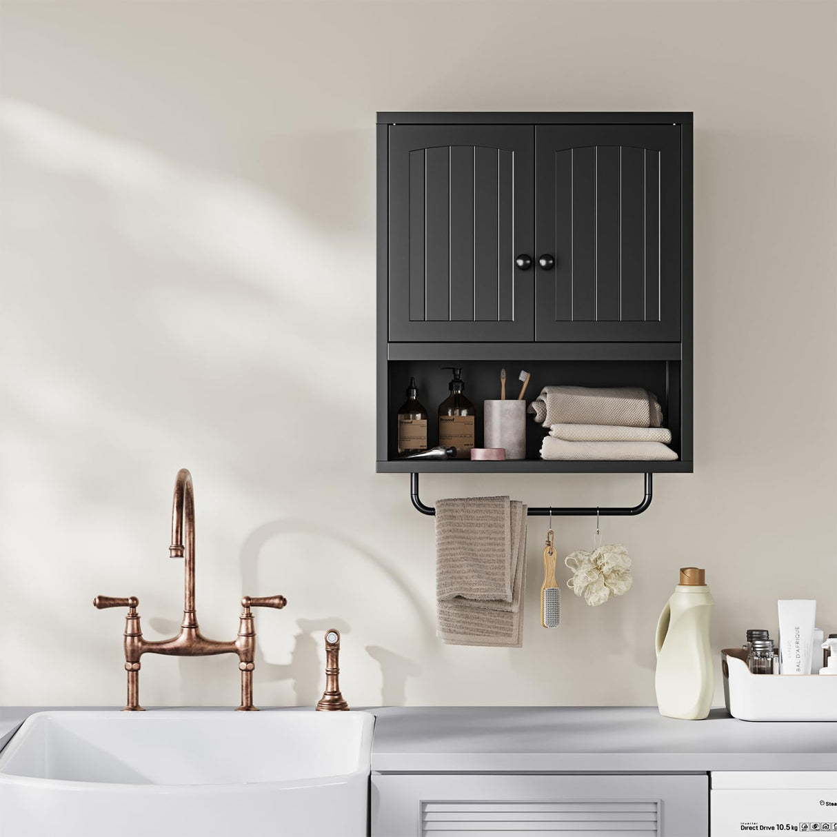 Black Metal Bathroom Wall Cabinet with 2 Doors,Metal Medicine Cabinet with Towel Rack