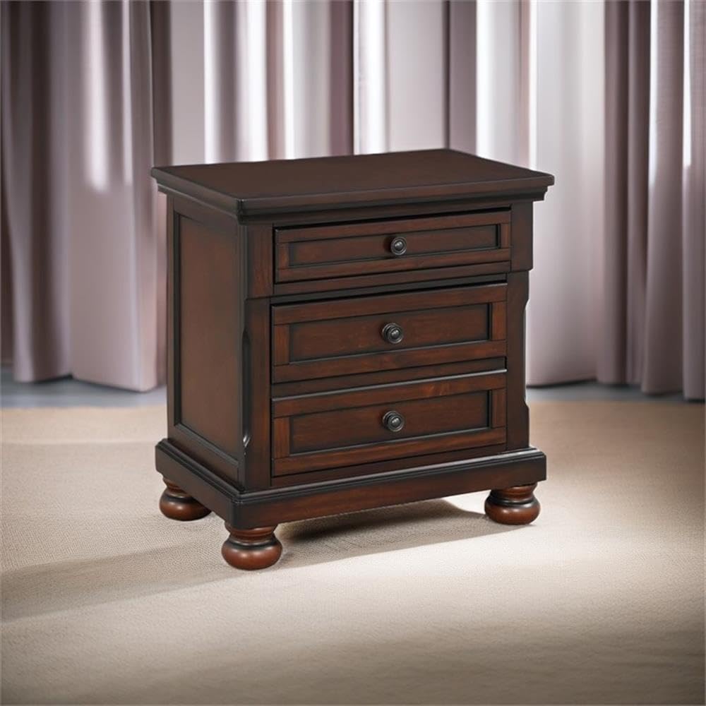 Traditional 3-Drawers Wood Bedside Nightstand in Brown Cherry