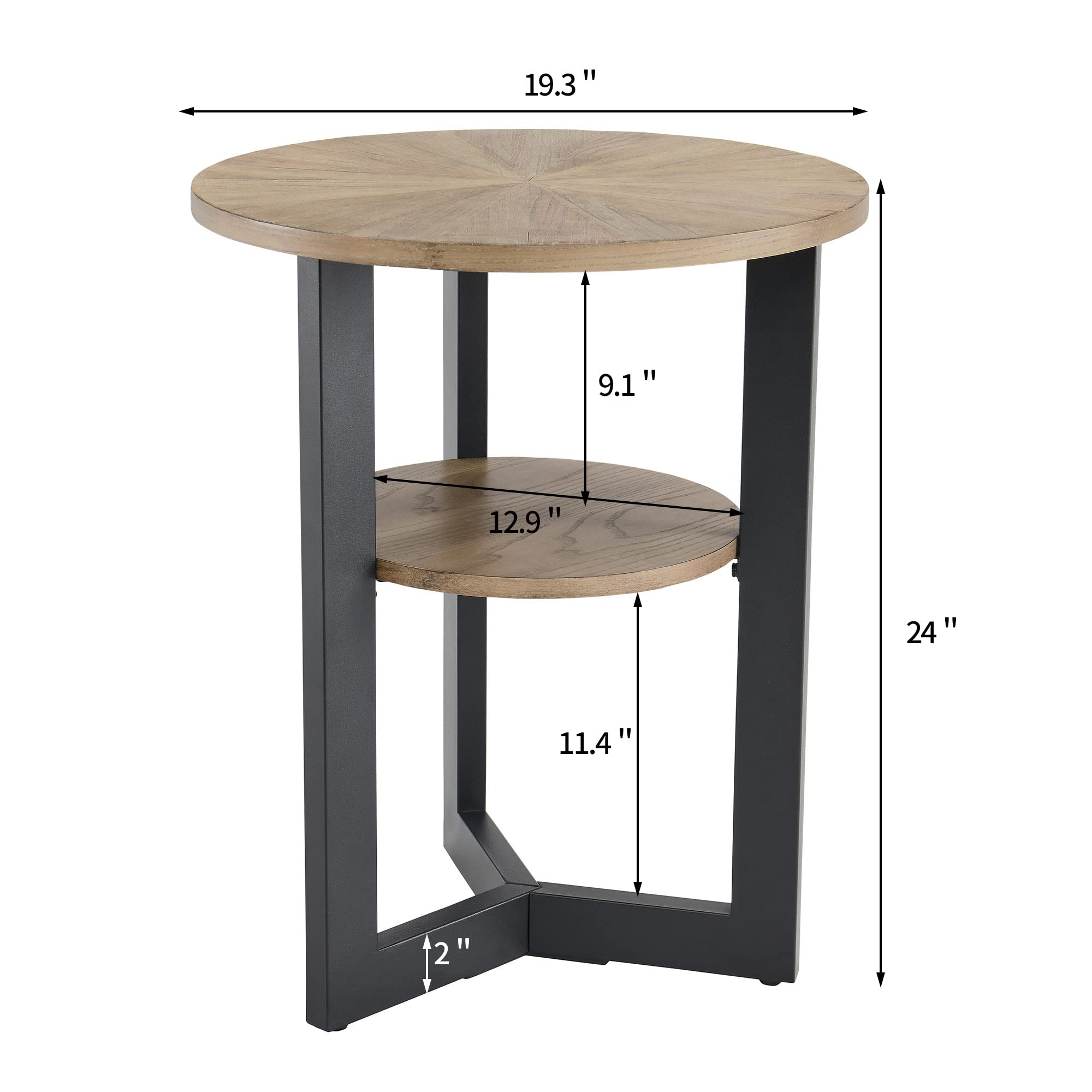 Round End Table with Storage, Solid Wood Sofa Side Table with Metal Frame