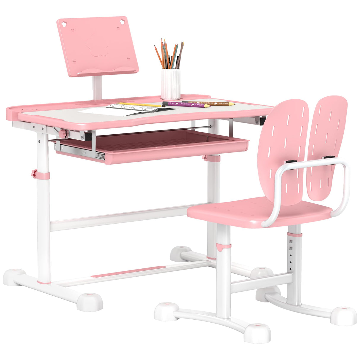 Chair Set, Height Adjustable Kids School Study Desk and Chair Set with Tilt Desktop, Storage Drawer & Book Stand for Writing, Reading and Drawing, Pink