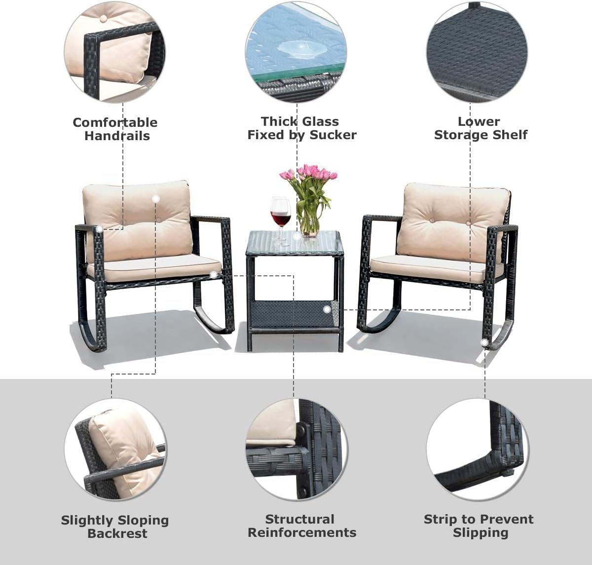 HAPPYGRILL 3-Piece Rocking Bistro Set Outdoor Patio Rocking Chairs with Coffee Table, Rattan Wicker Furniture Conversation Set for Garden Lawn Backyard Balcony