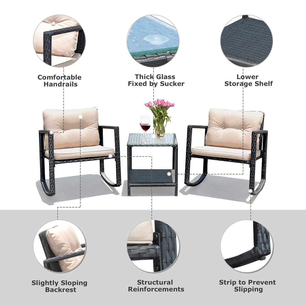 HAPPYGRILL 3-Piece Rocking Bistro Set Outdoor Patio Rocking Chairs with Coffee Table, Rattan Wicker Furniture Conversation Set for Garden Lawn Backyard Balcony