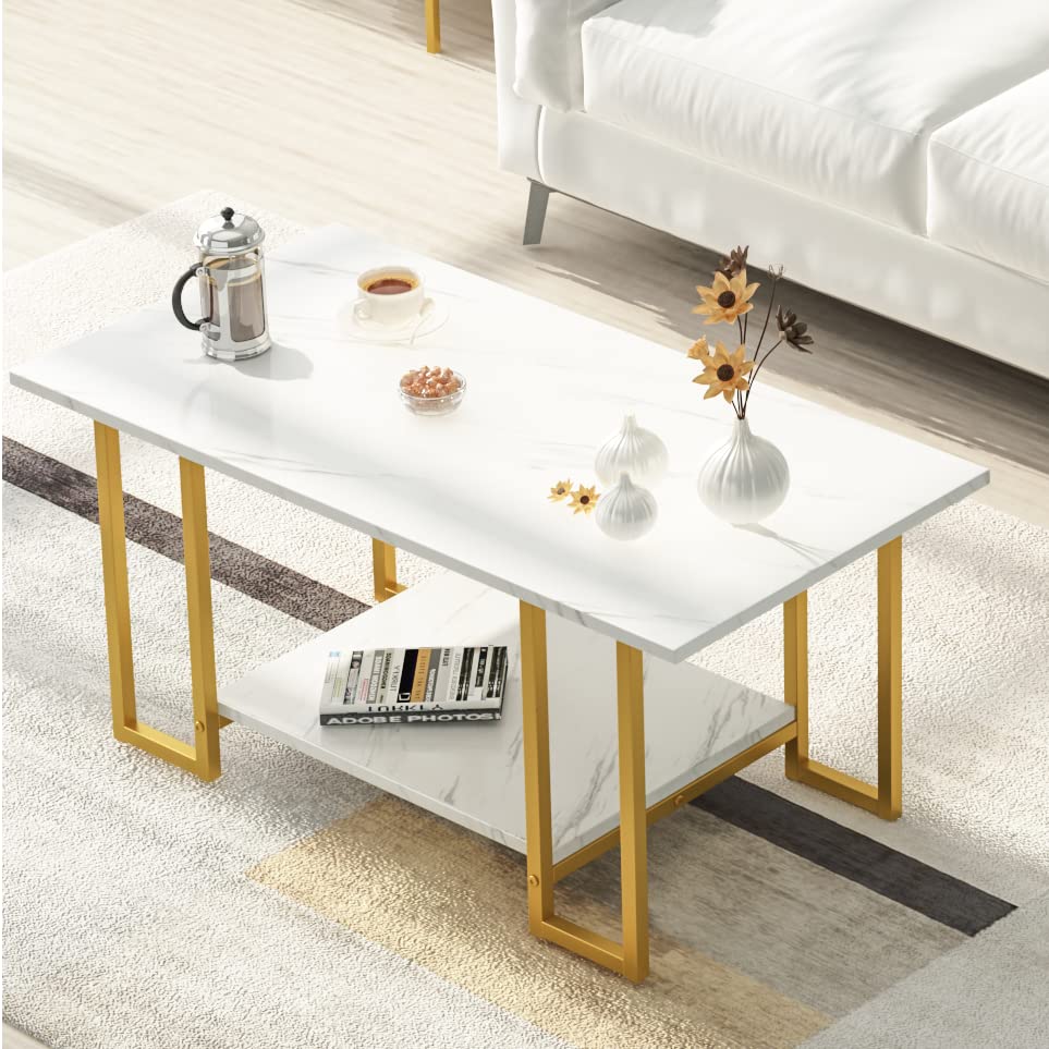 Coffee Table, Gold Base for Living Room-Faux Marble Rectangle Tabletop