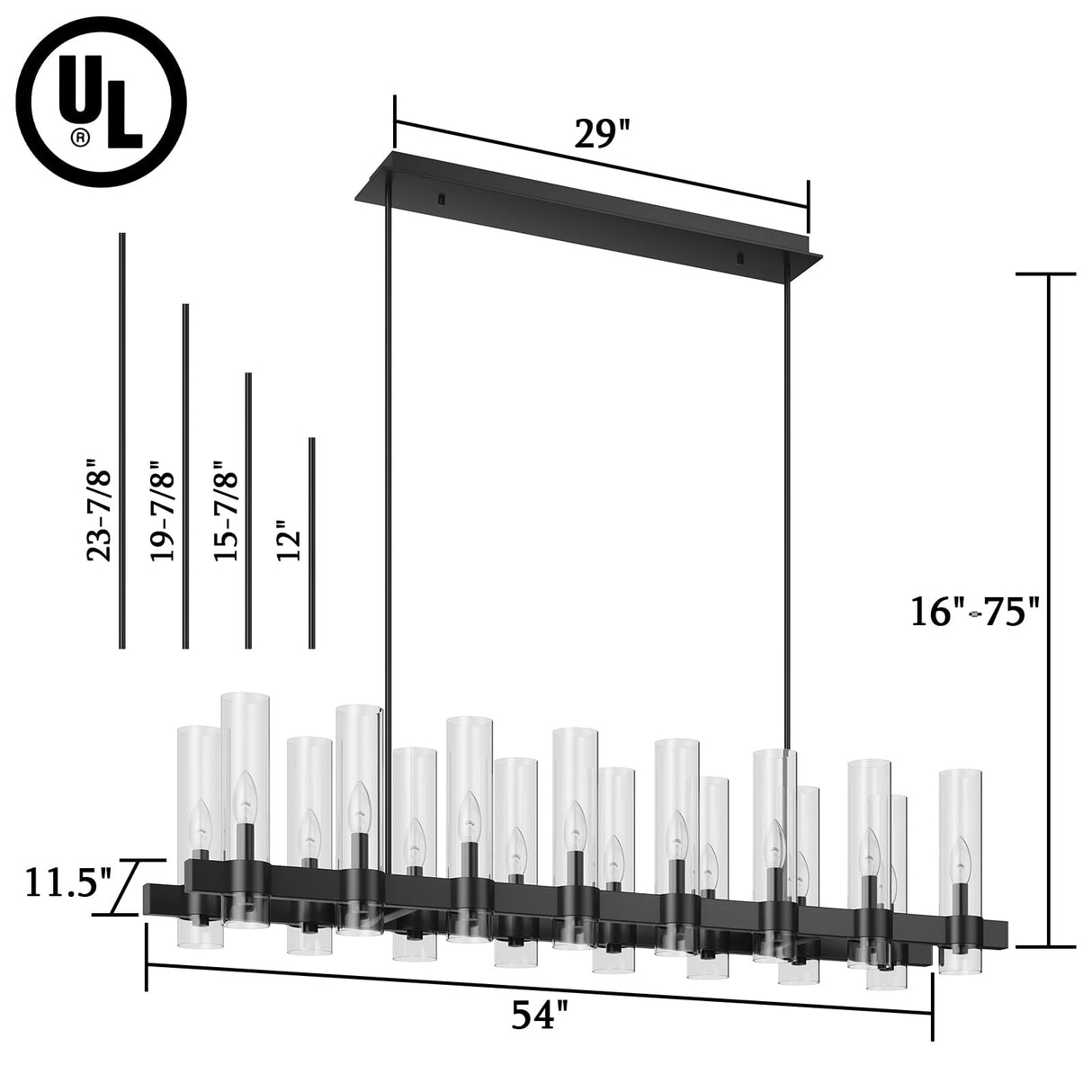 54 Inch Black Chandelier Linear with Clear Glass Shade