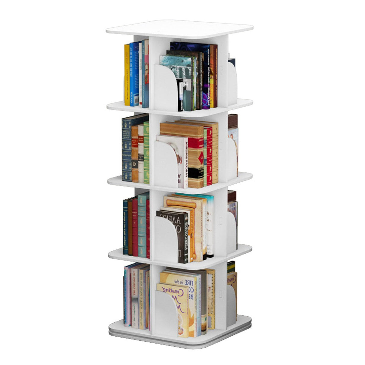 4 Tier Rotating Bookshelf, Square Wooden Bookcase, 360° Display Bookshelf