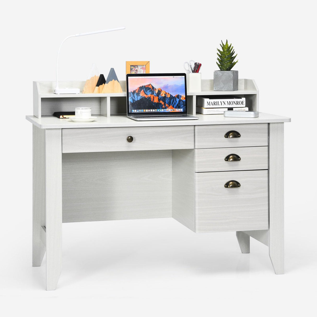 Computer Desk with 4 Storage Drawers and Hutch Wood Executive Table for PC Laptop