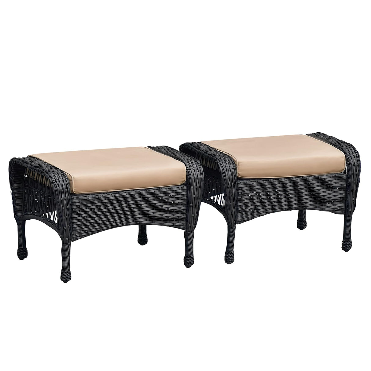 Set of 2 Wicker Ottomans, Outdoor Wicker Footstool with Soft Zippered Cushions