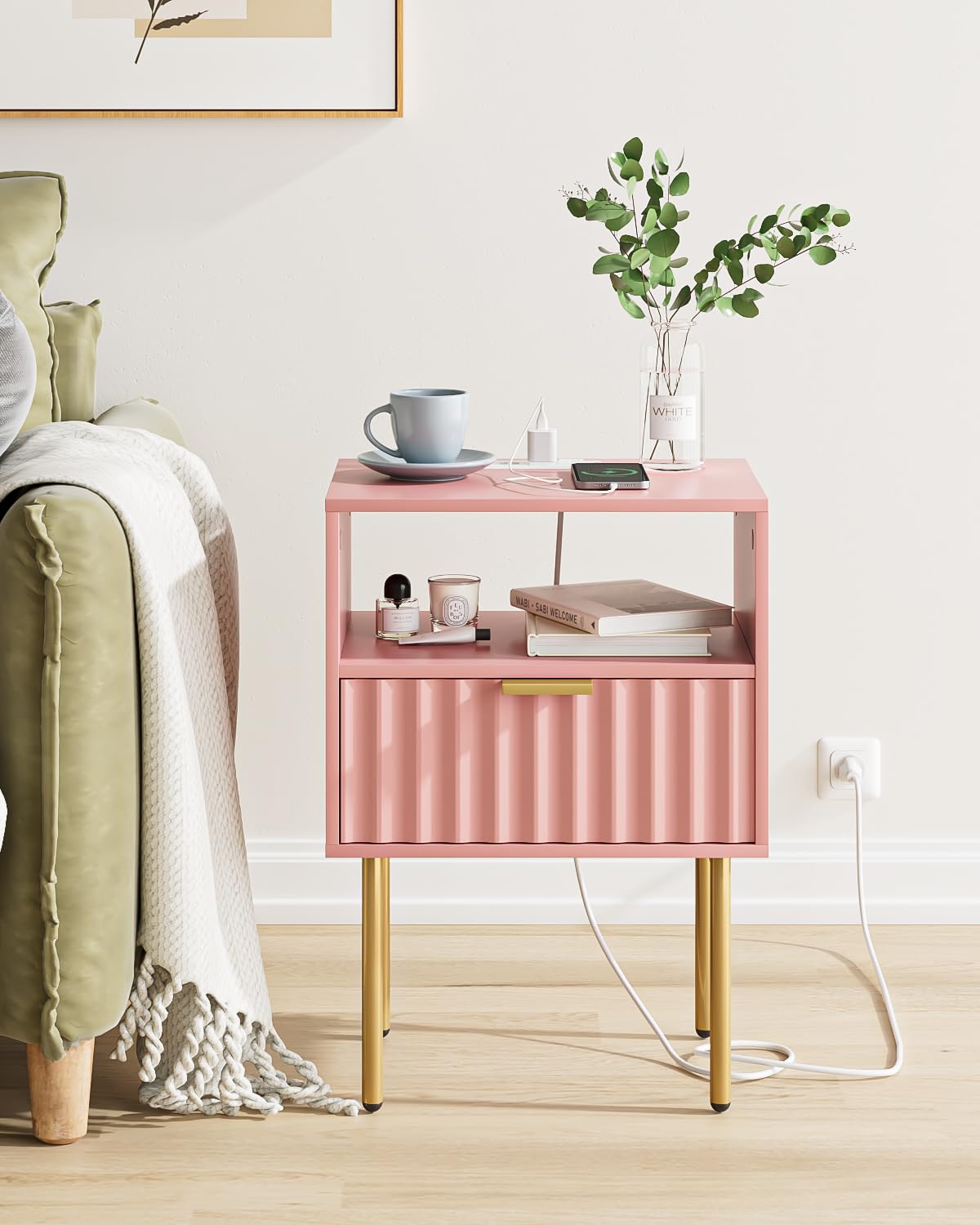 Night Stand with Charging Station, Fluted Bedside Table with Gold Frame