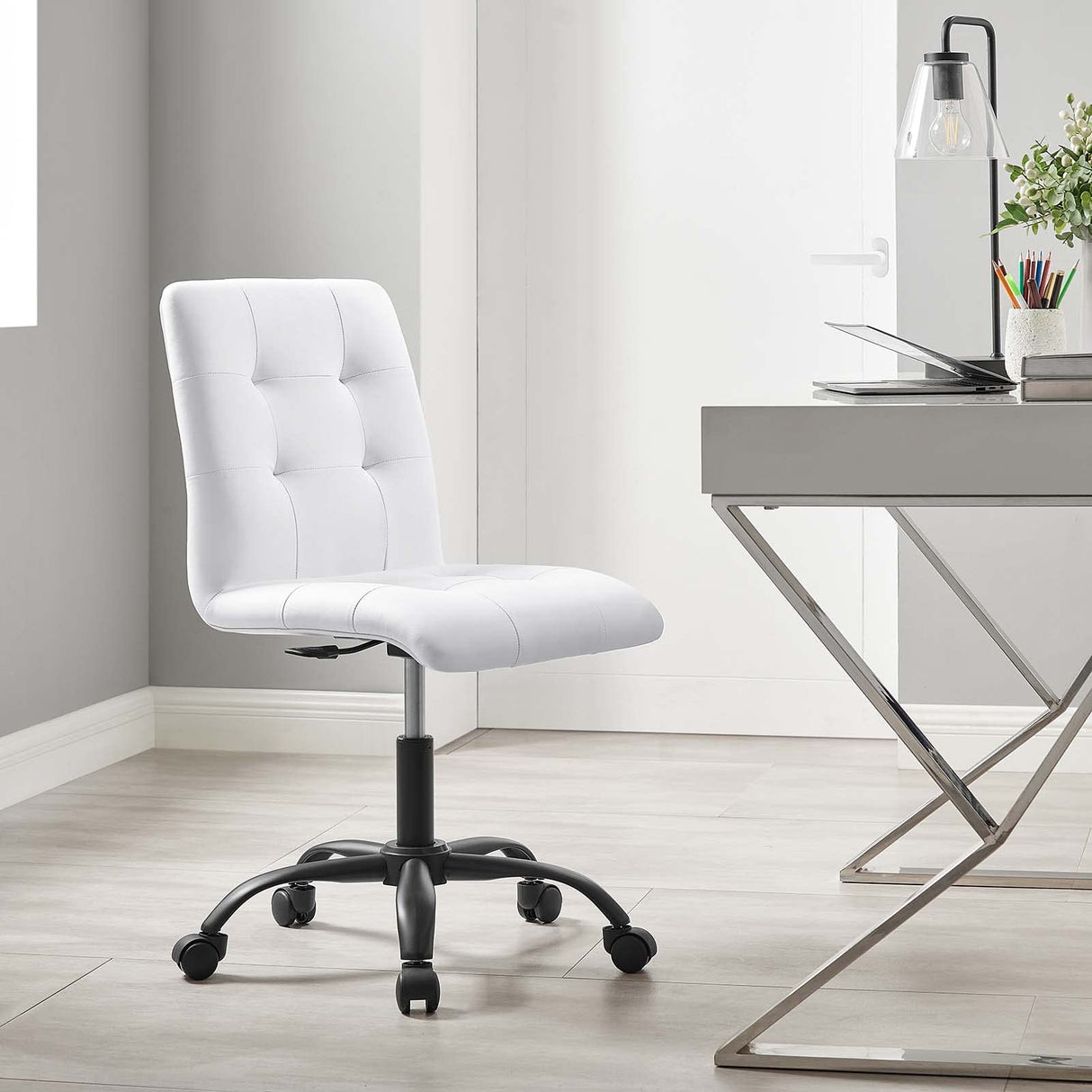 Prim Armless Vegan Leather Office Chair in Black White