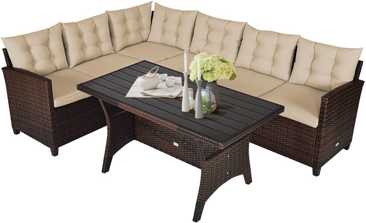 Patio Furniture Set, 3 Pieces Outdoor Conversation Set with 6 Cushioned Seat & Coffee