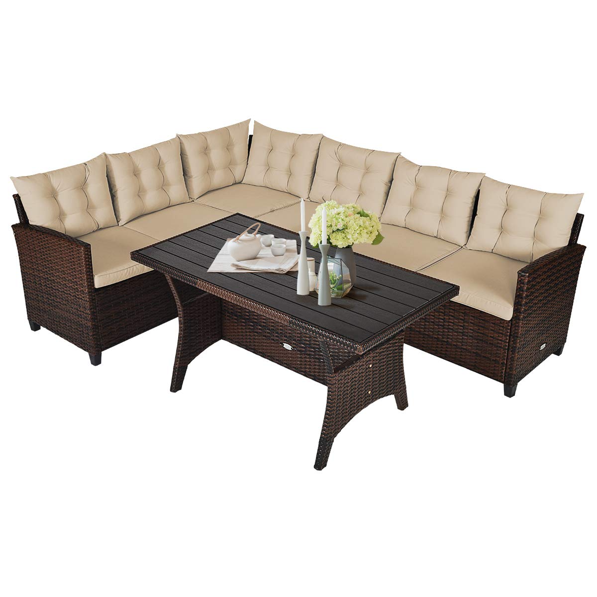 Patio Furniture Set, 3 Pieces Outdoor Conversation Set with 6 Cushioned Seat & Coffee