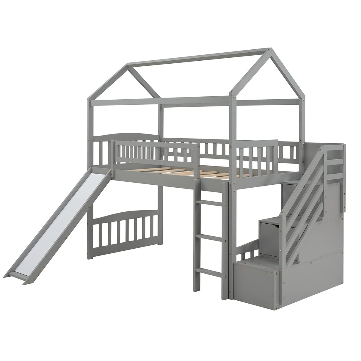 Loft Bed with Slide, House Loft Beds Twin Size with Step Storage Drawers Stairway