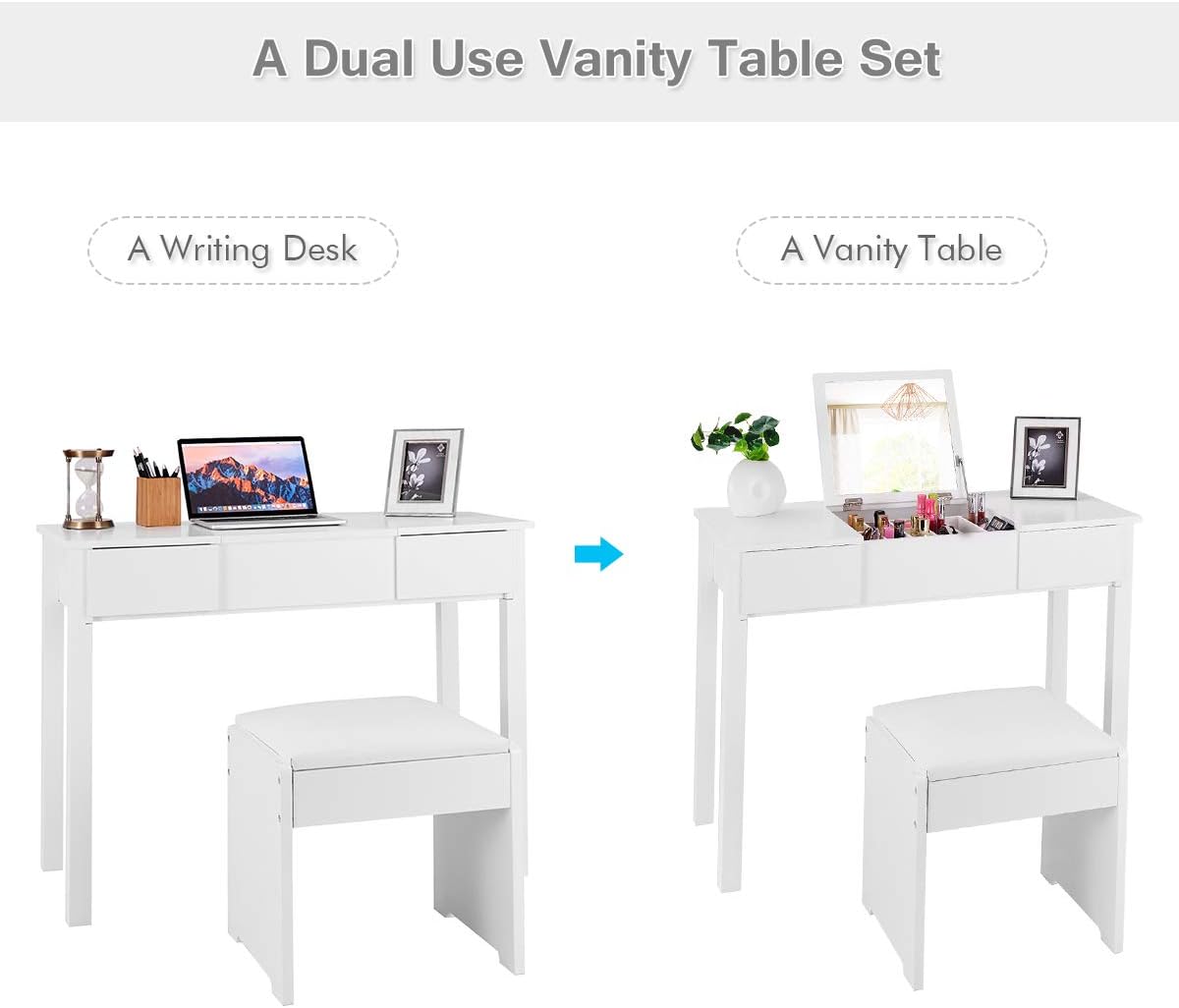 Vanity Set with Flip Top Mirror and Cushioned Stool, Makeup Dressing Table Writing Desk with 2 Drawers