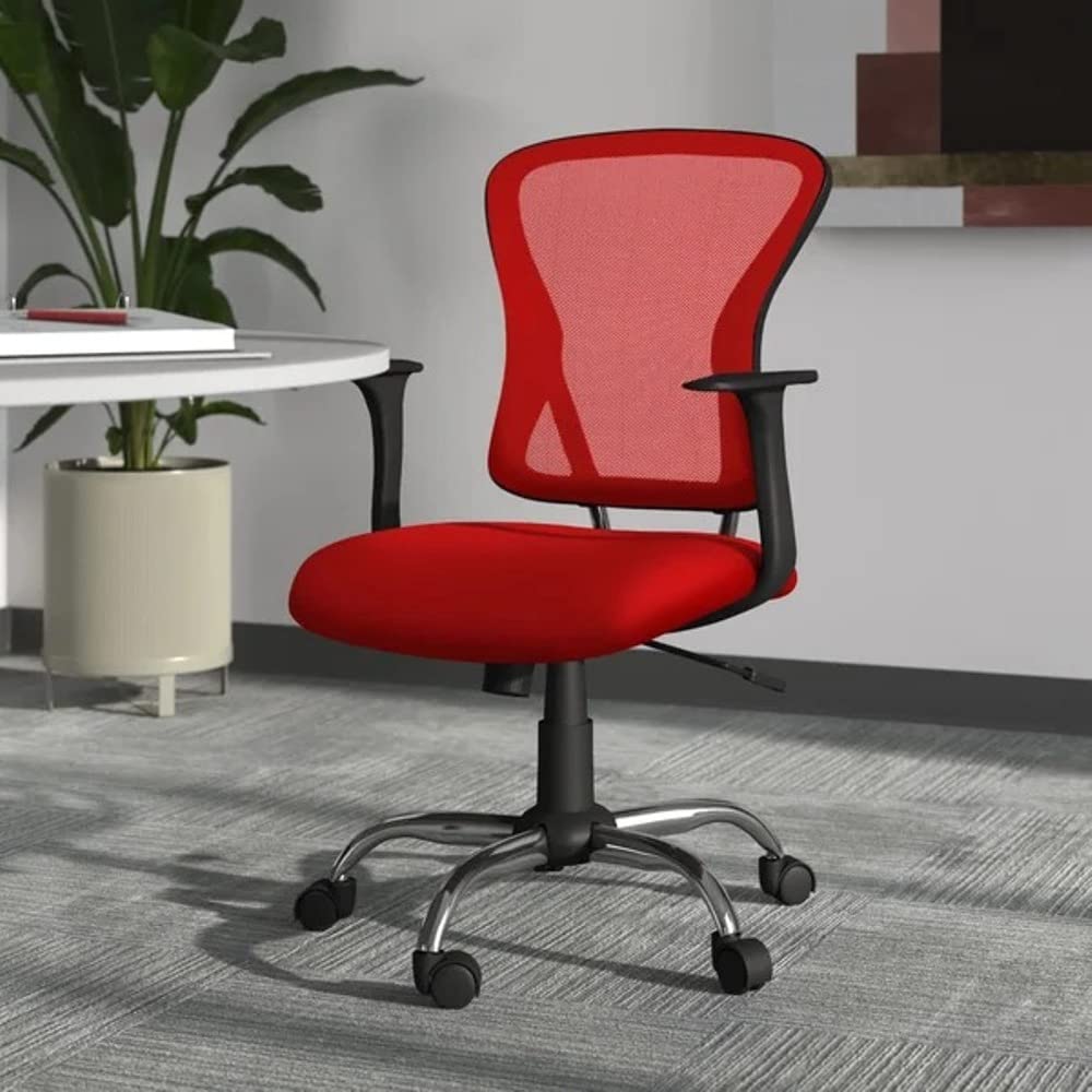 Built in Lumbar Support, Centre Tilted Ventilated Midback Design | Home Desk Ergonomic, Metal Five-Pronged Base with Wheels | Seat Height Adjustable & Swivel, Red Color