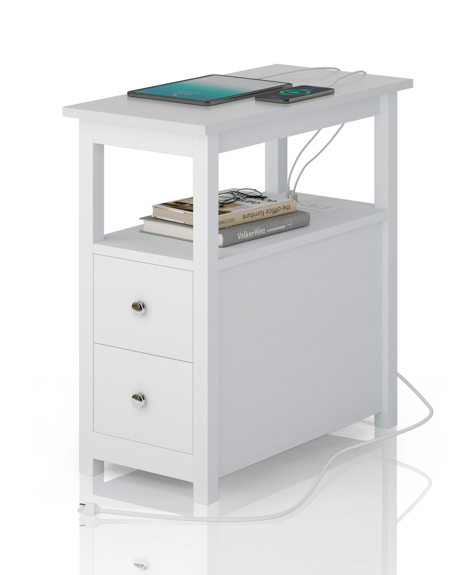 End Table with Charging Station, Side Table with 2 Drawer & USB Ports & Power Outlets