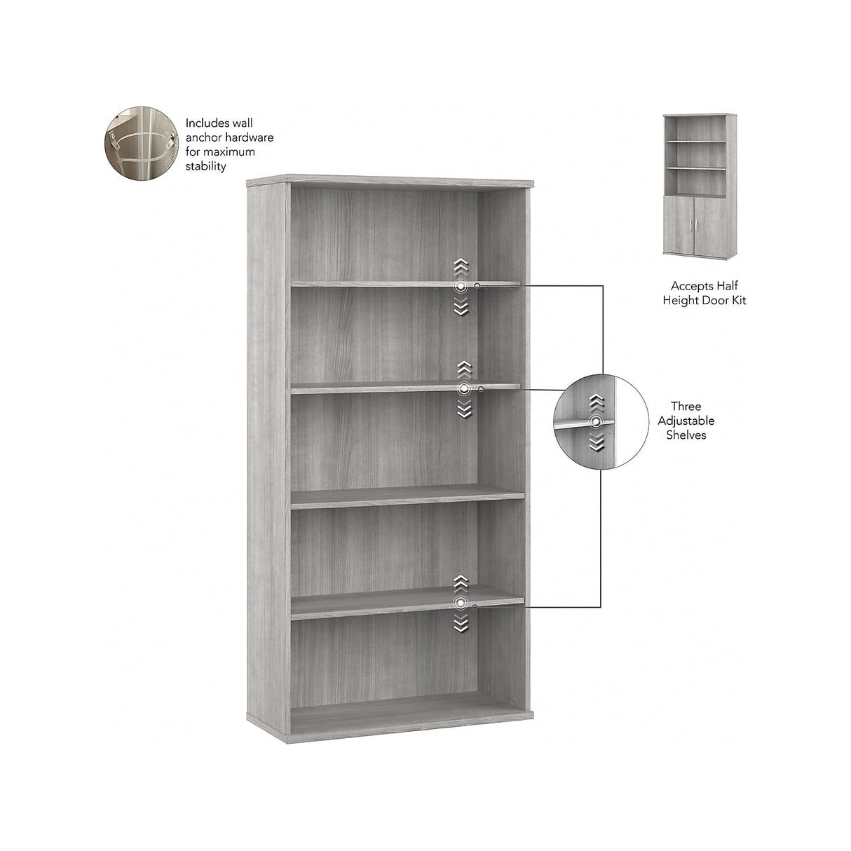 Bush Business Furniture HYB024PG Hybrid 5-Shelf 73-Inch H Bookcase with Doors, Platinum Gray
