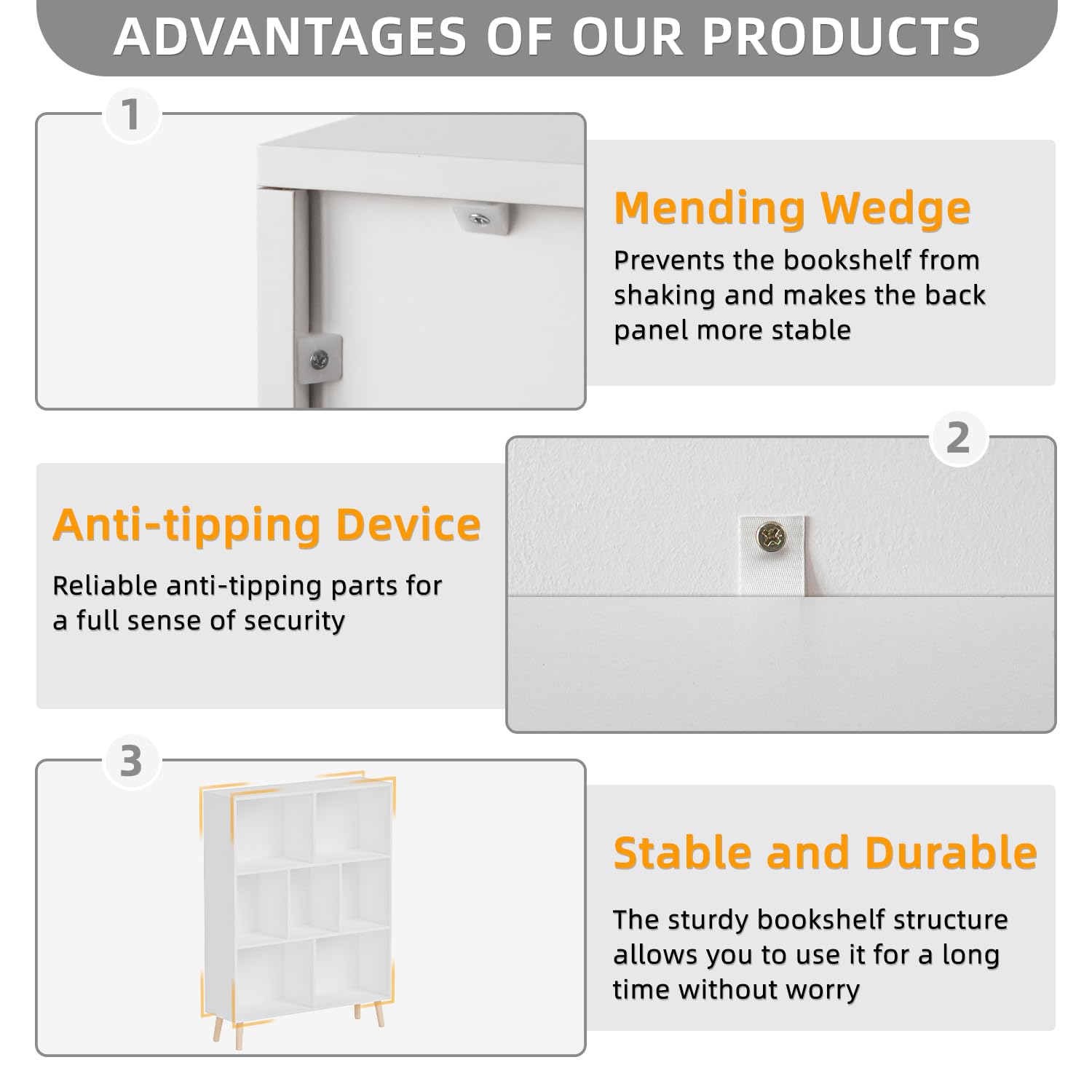 Cube Bookshelf, 3-Tier Floor Standing Display Cabinet Rack with Legs