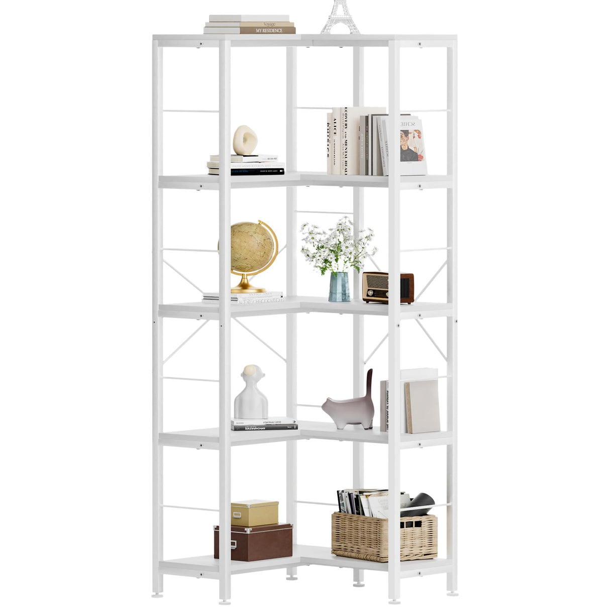 5-Tier Corner Bookshelf, 70.86" Tall Corner Bookcase,5-Shelf Modern L-Shaped Coner Shelf with Metal Frame for Home Office,Living Room,Bed Room(White)
