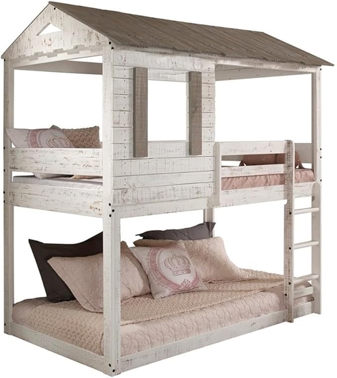 Furniture Darlene Farmhouse Wood Twin Over Twin Bunk Bed in Rustic Gray