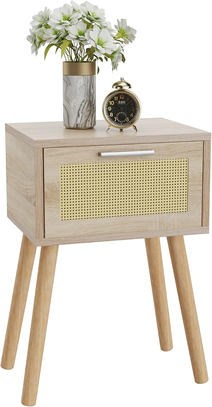 Nightstand, Small Bedside Table, Handmade Rattan Decorated Drawer, Solid Wood Legs