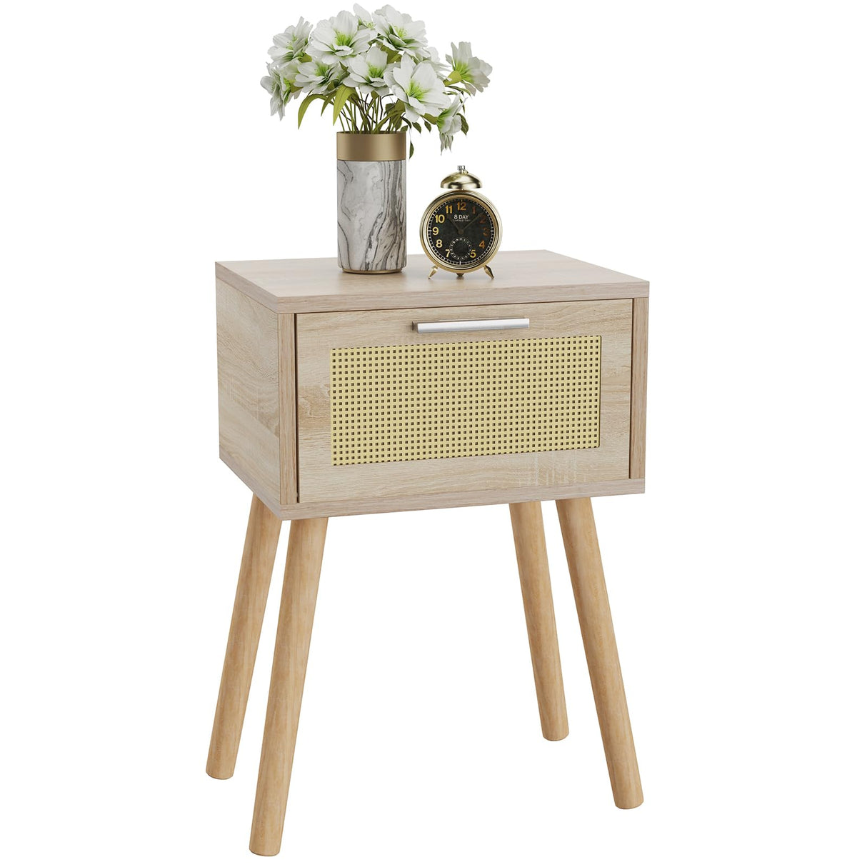Nightstand, Small Bedside Table, Handmade Rattan Decorated Drawer, Solid Wood Legs