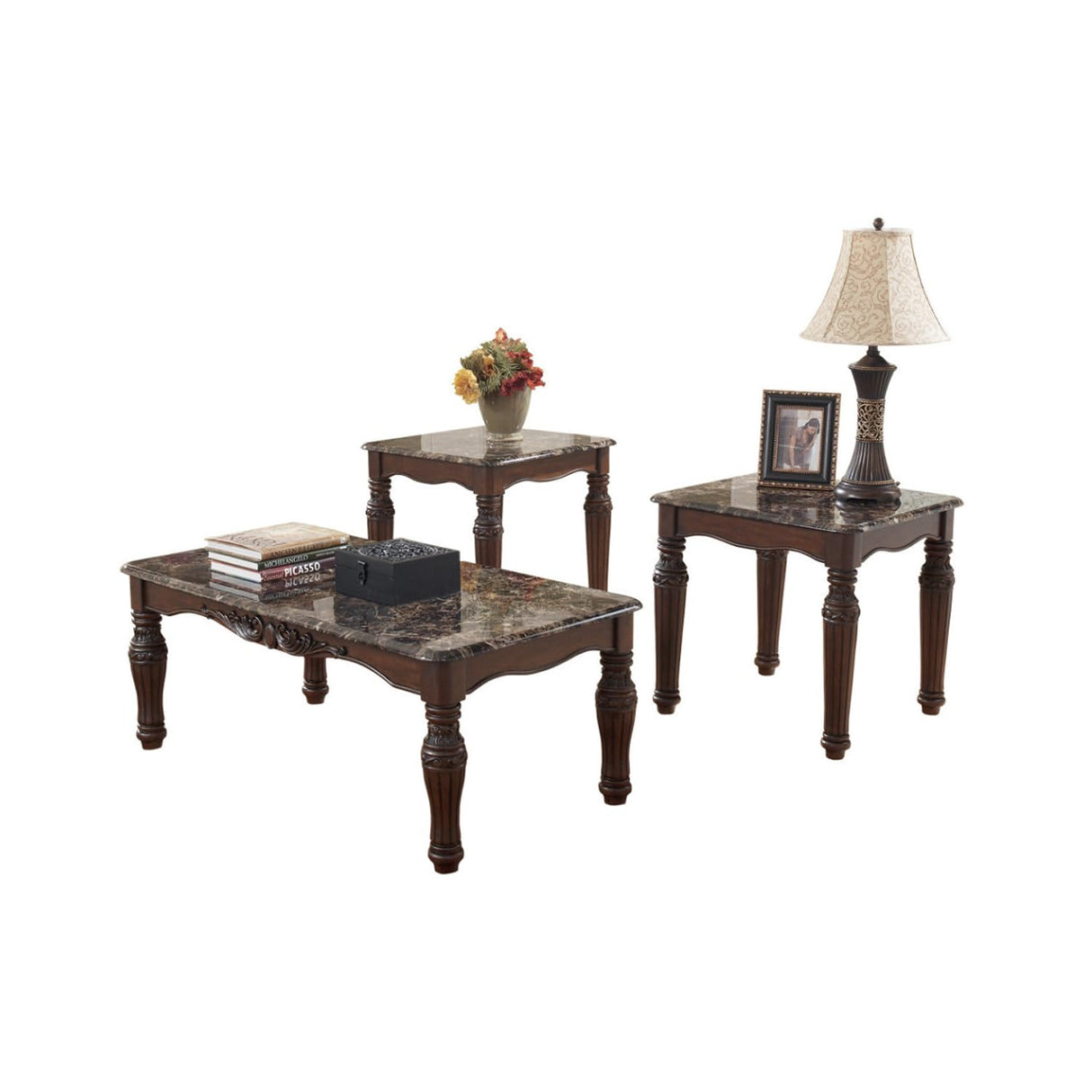 Traditional Style Wooden Table Set with Turned Legs and Faux Marble Top, Pack of Three