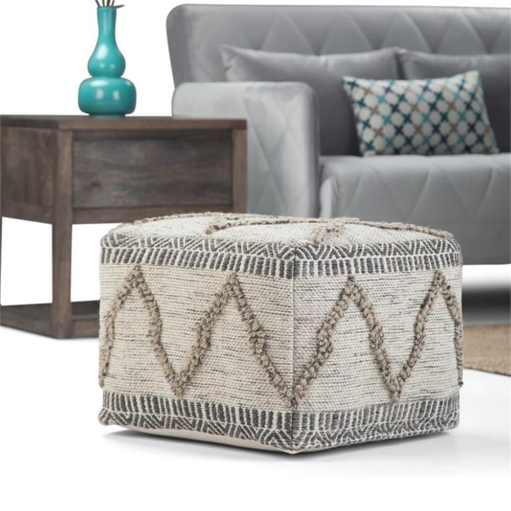 Sweeney Boho Square Pouf in Grey, Natural Handloom Woven Pattern for the Living Room