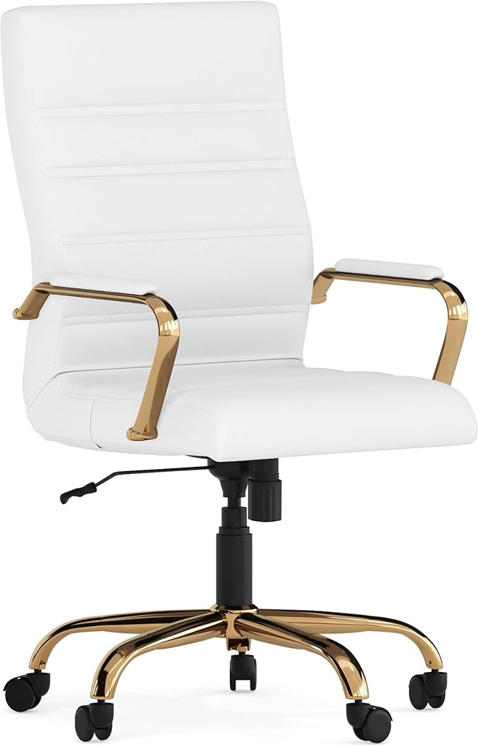 -Back Swivel LeatherSoft Desk Chair with Padded Seat and Armrests, Adjustable Height Padded Office Chair, White/Chrome