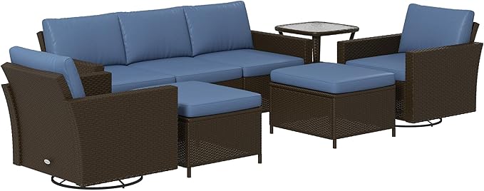6 Piece Patio Furniture Set with Rattan 3-Seater Sofa, Swivel Rocking Chairs, Footstools