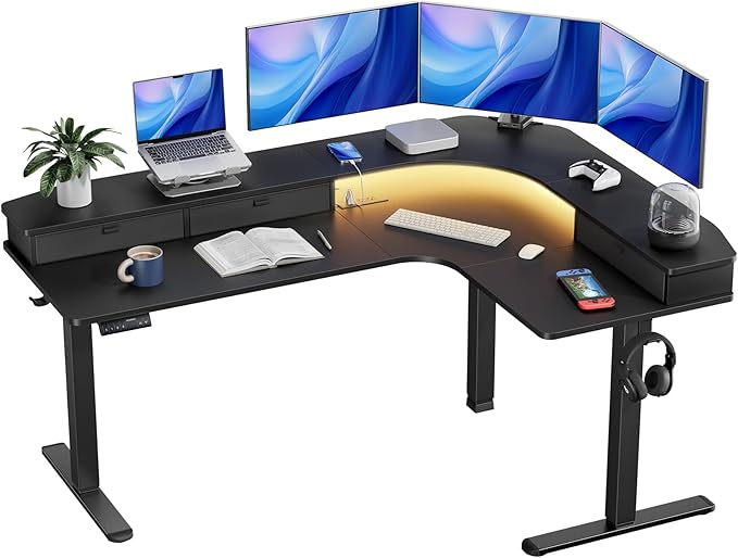 65″ L-Shaped Standing Desk with Power Outlets & LED Strip, Support C-Clamp Mount