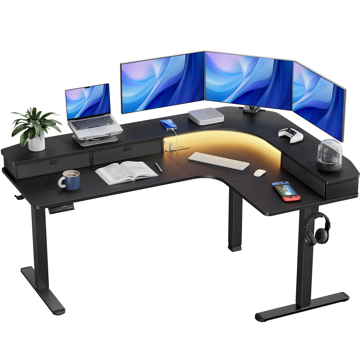 65″ L-Shaped Standing Desk with Power Outlets & LED Strip, Support C-Clamp Mount