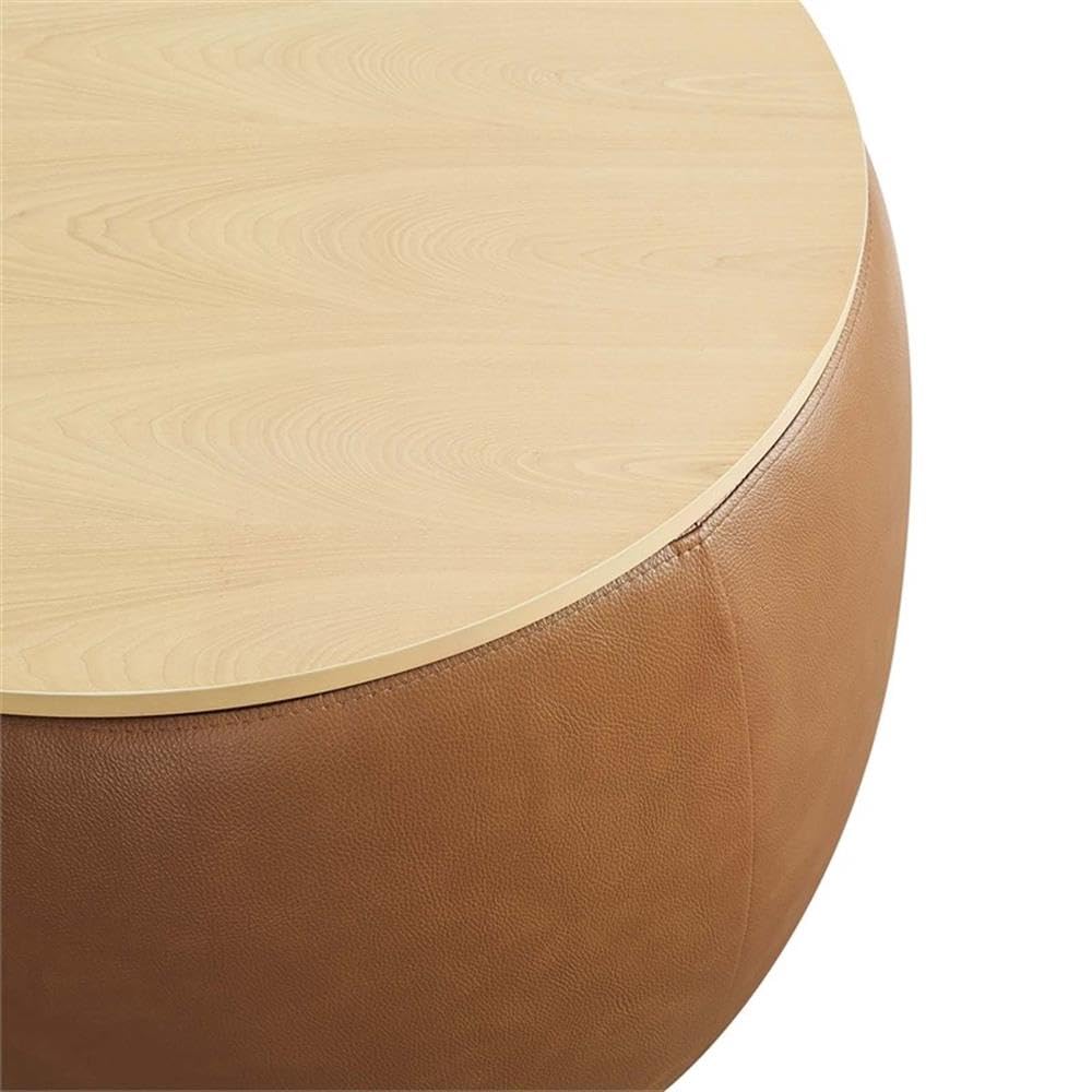26 Inch Round Storage Ottoman with Tray Lid in Tan - Vegan Leather Ottoman - Versatile