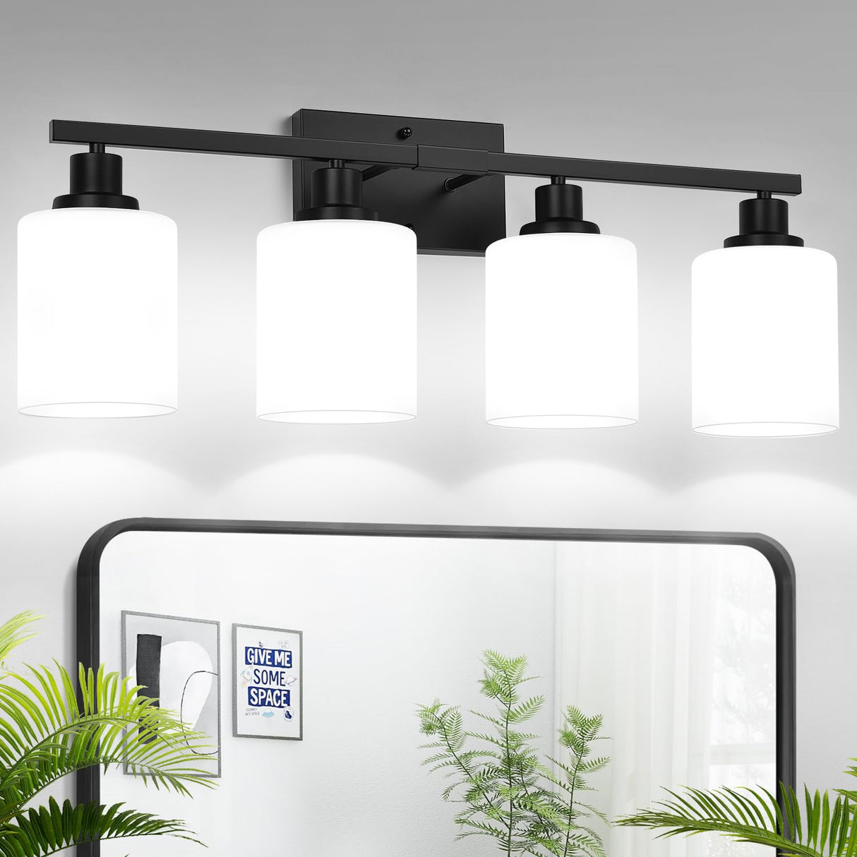 4-Light Bathroom Light Fixtures, Vanity Light with Milky White Shades, Matte Black Bathroom Light