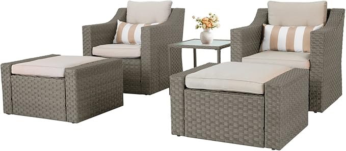 5 Piece Patio Conversation Set Outdoor Furniture Set, Brown Wicker Lounge Chair