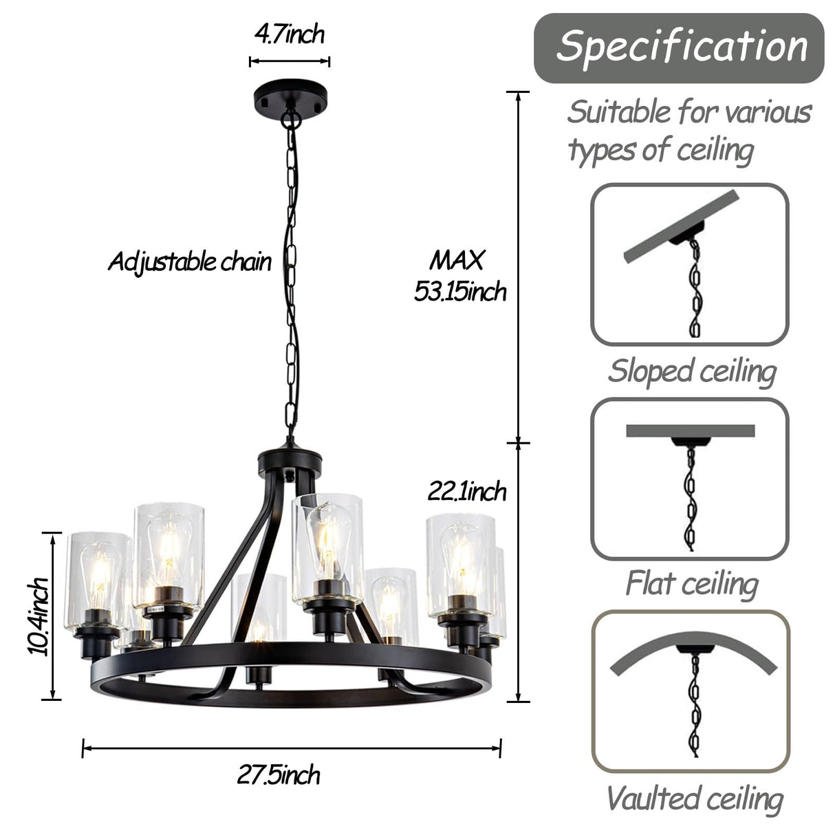 LOFTPLUS Farmhouse Chandelier Black Dining Room Light Fixture 8-Light Ceiling Hanging Rustic Wagon Wheel Chandeliers for Living Room Bedroom Foyer Porch Kitchen Island