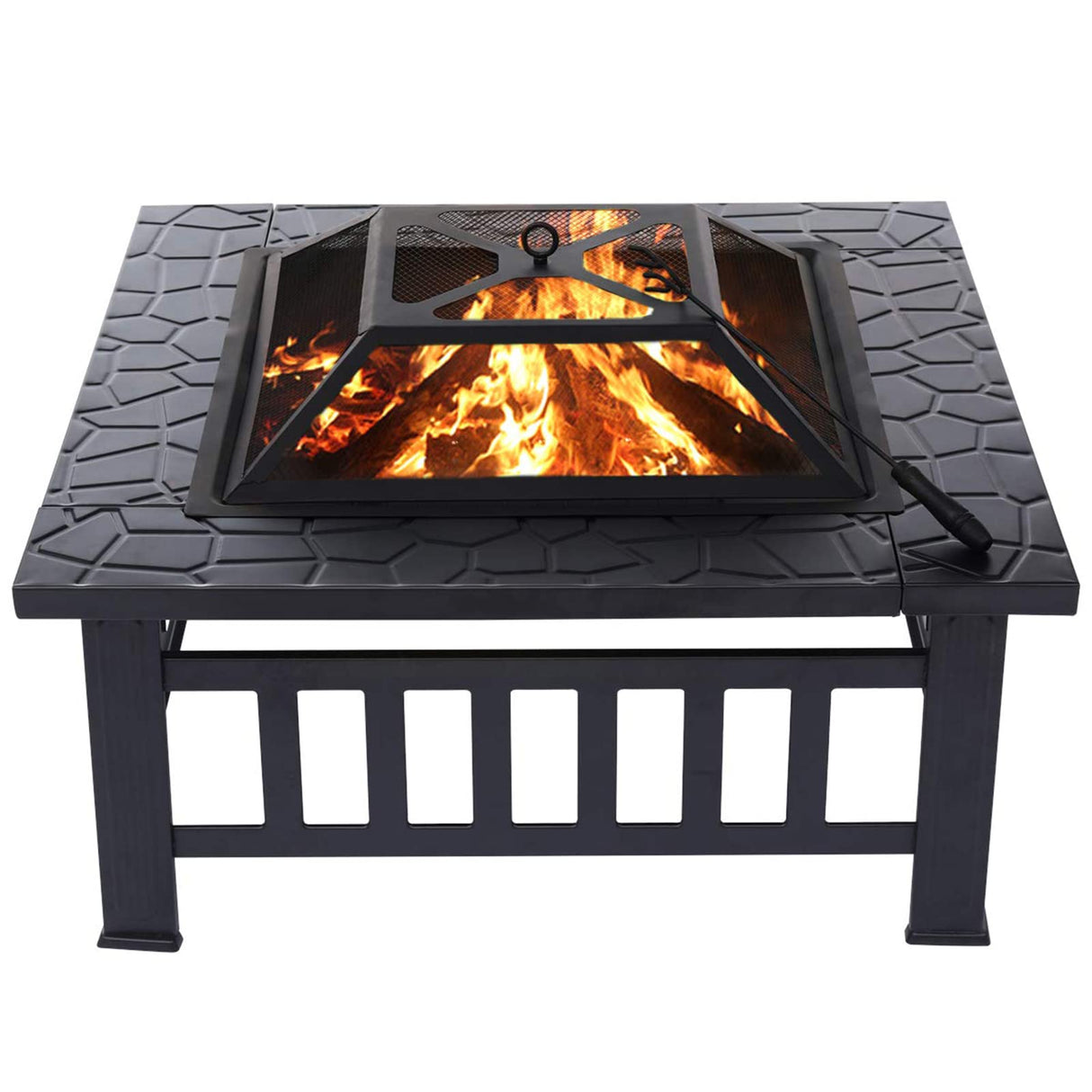32'' Fire Pit Wood Burning Firepit Metal Square Outdoor Fire Pit Steel BBQ Grill Fire Pit Bowl with Spark Screen Cover, Poker Log Grate for Patio Bonfire Camping Backyard Garden Picnic - Bircata
