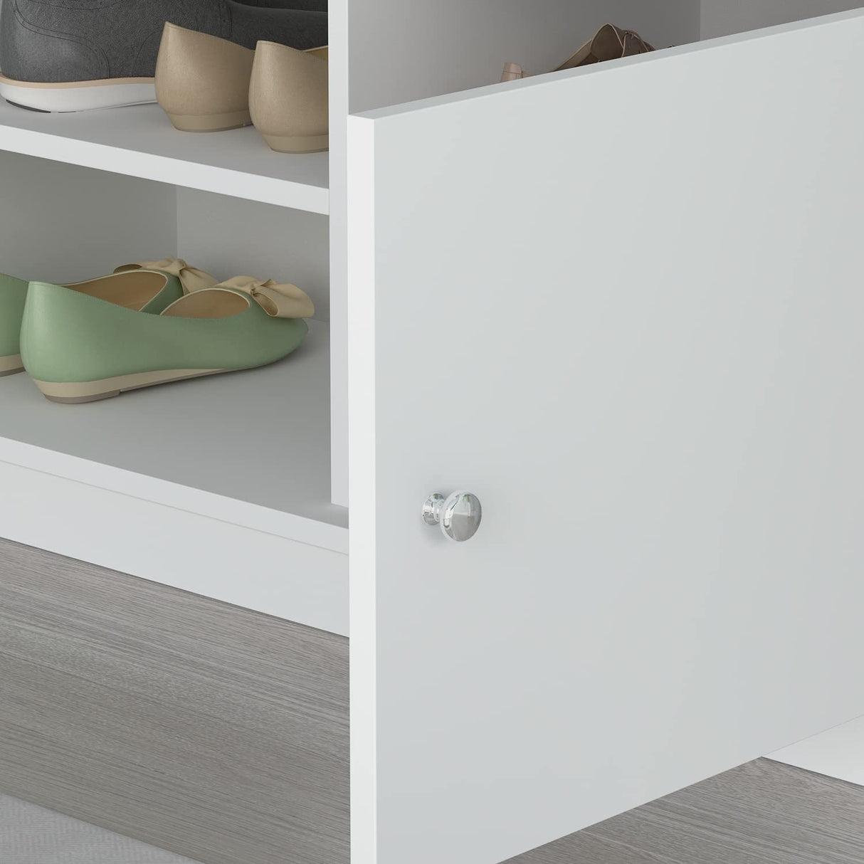 Wood Shoe Storage Bench with Cushion Seat, 2 Doors & 4 Storage Compartments, Entryway Shoe Rack Bench for Bedroom, Hallway, White and Grey (35.8āL x 13.7āW x 18.1āH)