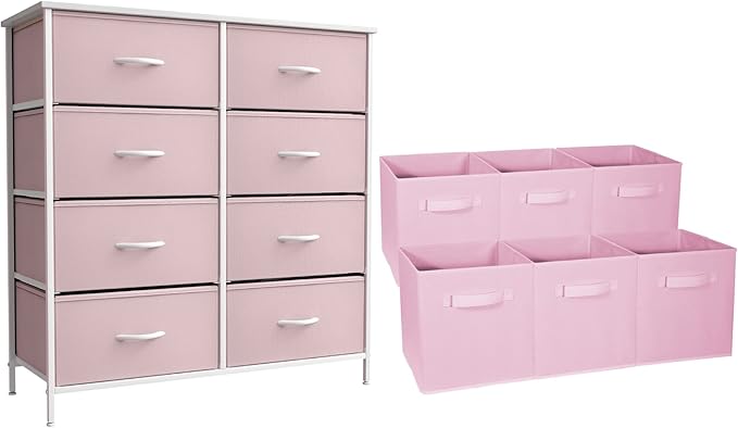 Kids Pink Dresser with 8 Drawers + 11 Inch Pink Cube Storage Bins (6 Pack) Bundle