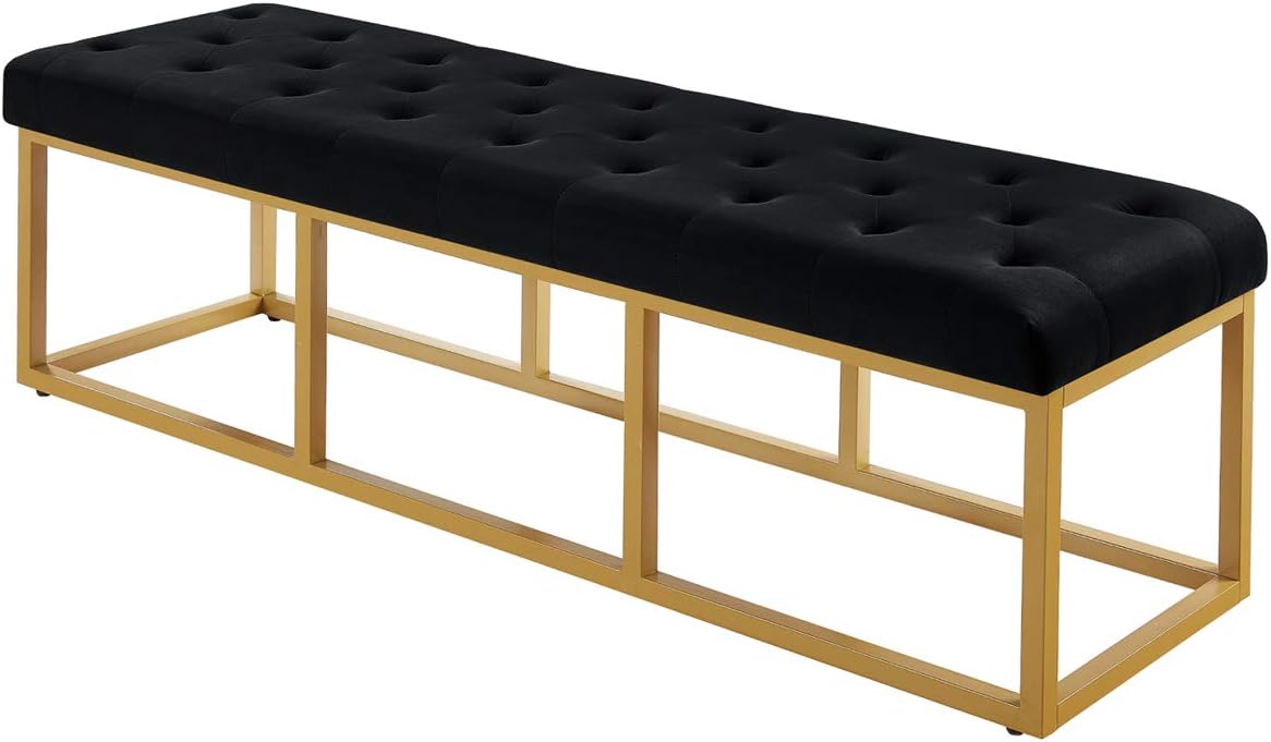 Upholstered Tufted Long Bench with Golden Metal Leg, Black Velvet Bench