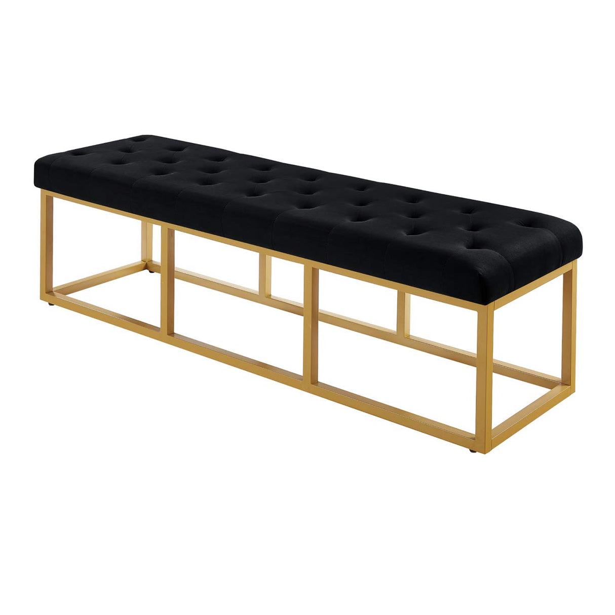 Upholstered Tufted Long Bench with Golden Metal Leg, Black Velvet Bench
