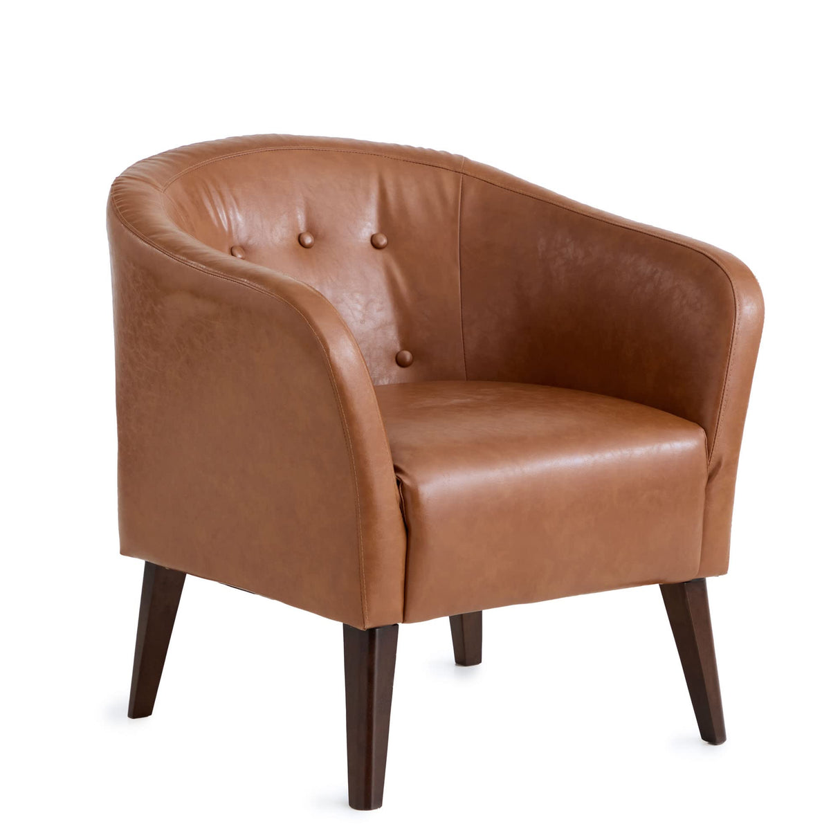Collins Button Tufted Barrel Wood Legs – Upholstered Tub Chair for Living Room, Camel Faux Leather