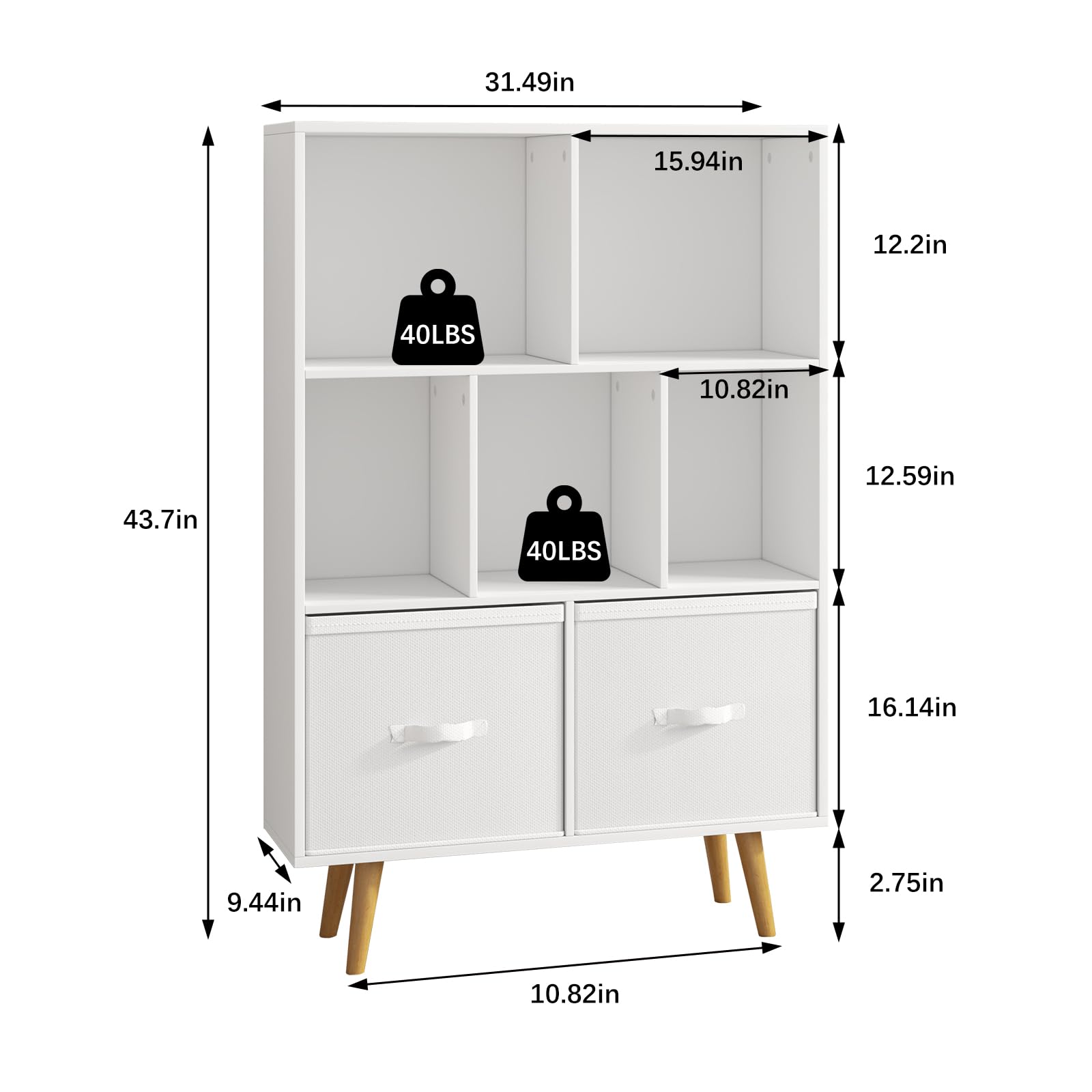 3-Tier Mid-Century Modern Wood Bookcase,White Minimalist 7-Cube Bookshelf