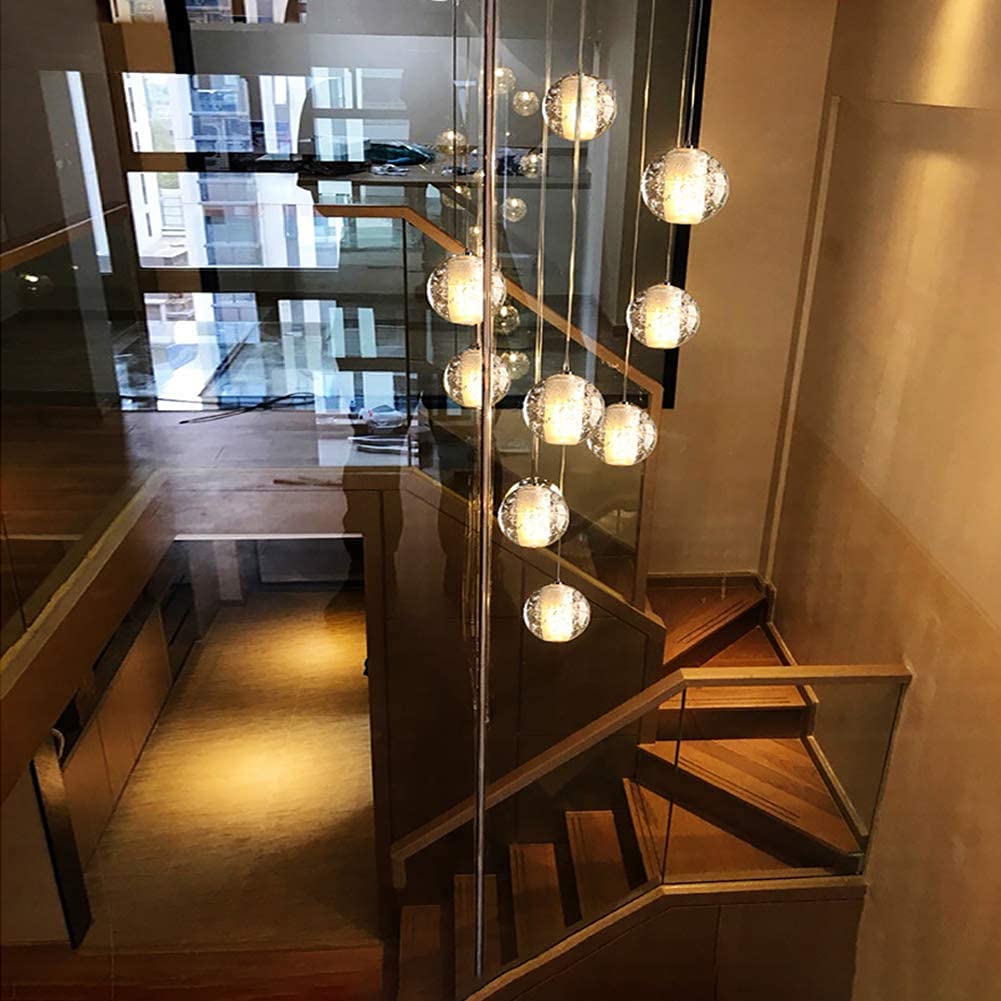 Long Loft Chandelier High Ceilings Crystal Ball Raindrop Pendant Lighting G4 3000K Warm