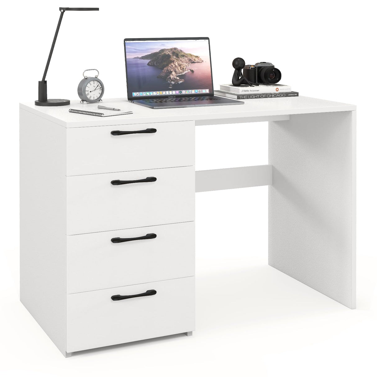 White Computer Desk, 43.5’’ Writing Desk with 4 Large Drawers, Modern Executive Desk,