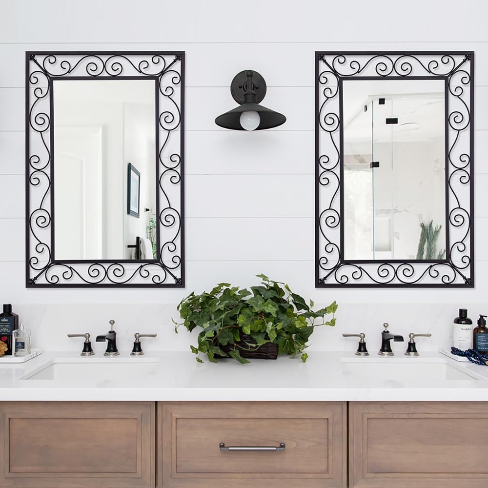 Black Metal Scroll Frame Wall Mirror 36x24 Inch