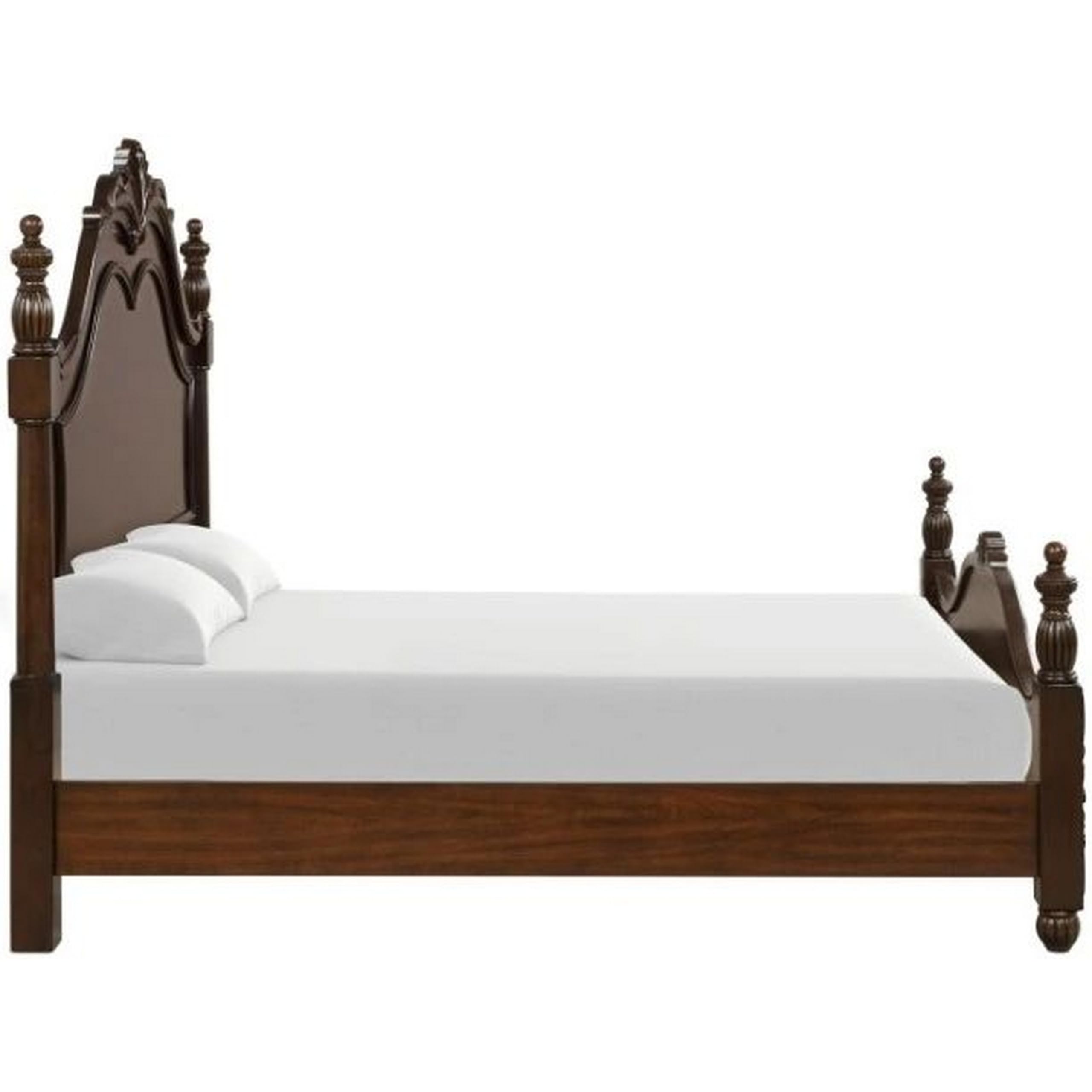 Benjara Akil Queen Size Poster Bed, Classical Carved Headboard, Cherry Brown Wood